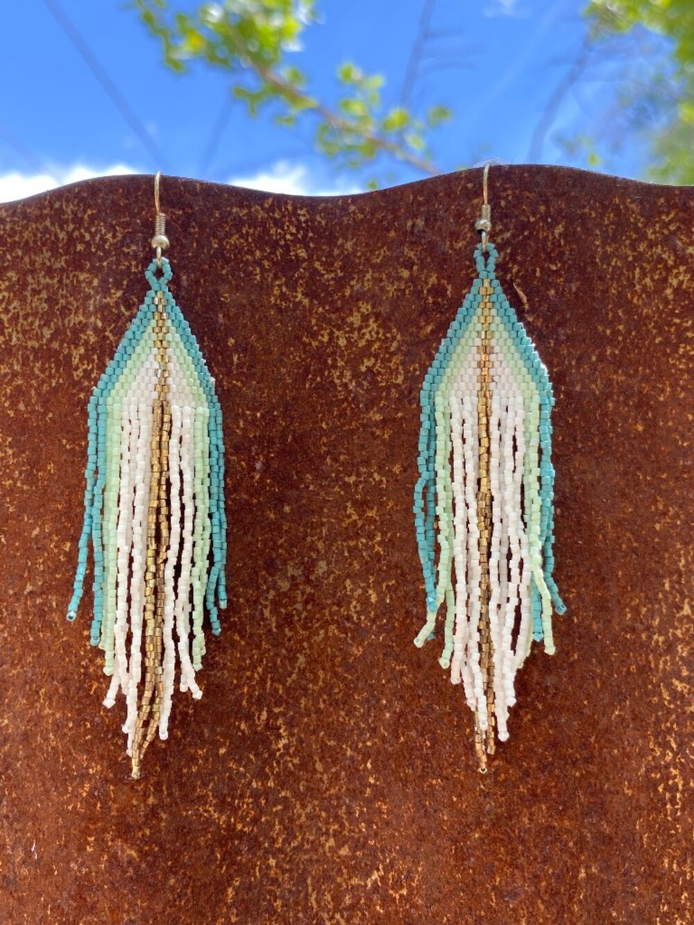INK + ALLOY Jane Triangle with Stripe Beaded Fringe Earrings Teal - Picture 4 of 7